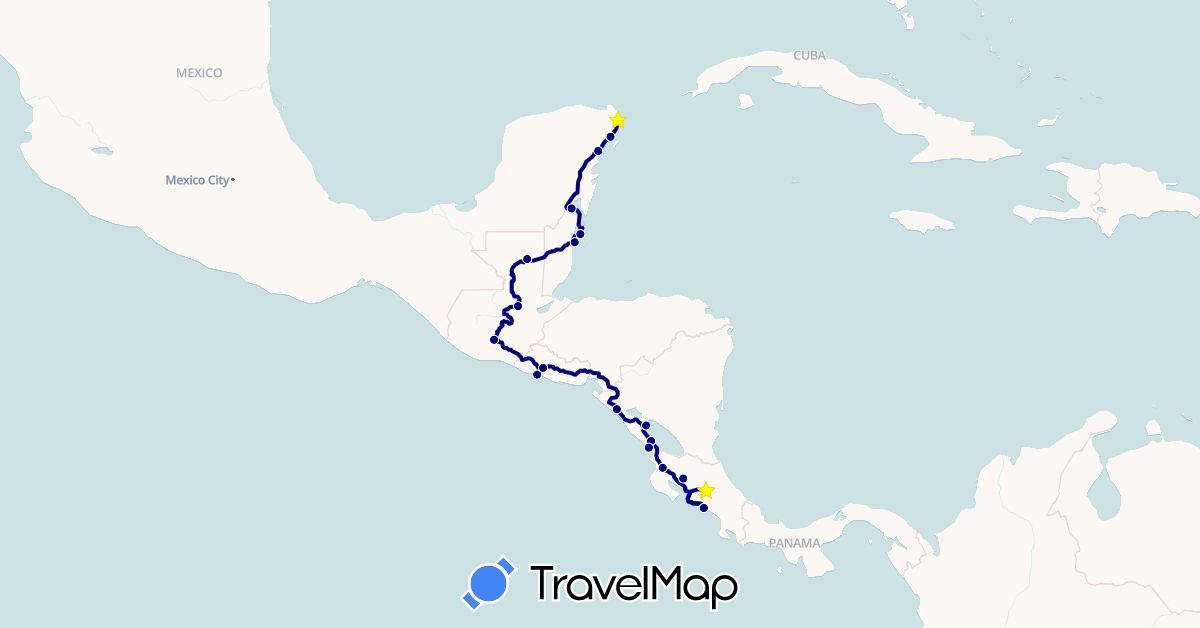 TravelMap itinerary: driving in Belize, Costa Rica, Guatemala, Mexico, Nicaragua, El Salvador (North America)